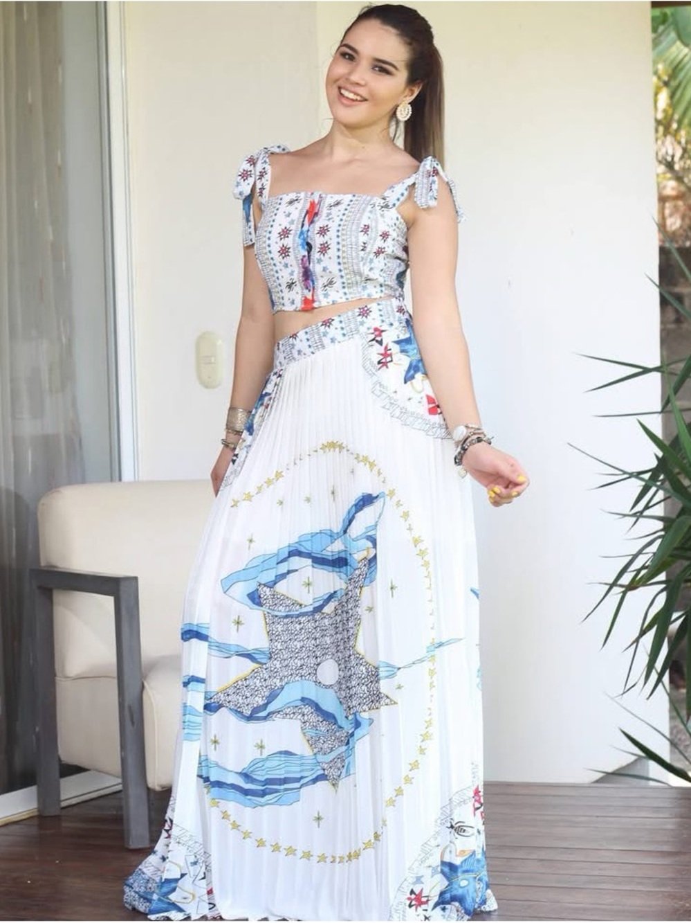 White & Blue Printed Tie-Shoulder Maxi 2 piece Dress